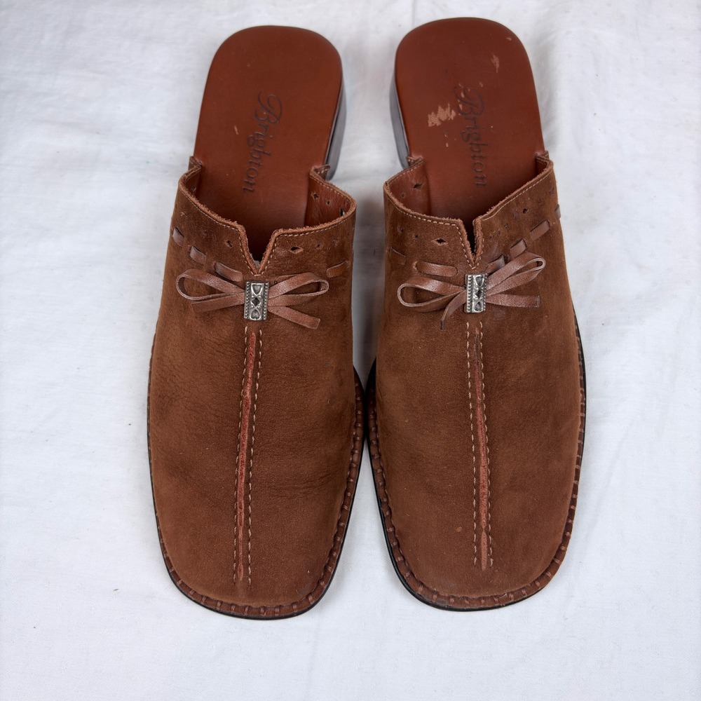 Brighton Napa Brown Suede Mules Square Toe Whipstitch Bow Shoes Women 9M Brazil - Picture 6 of 10